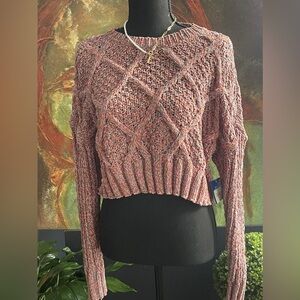Women's Crop Knit Sweater Chunky Mixed Pinks Crew Neck Long Sleeve Arizona Jean